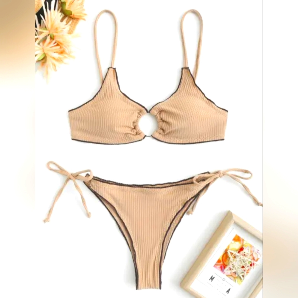 NWT Zaful Swimsuit Tie Side Ribbed O Ring Cheeky Bikini Light Coffee Small/ 4